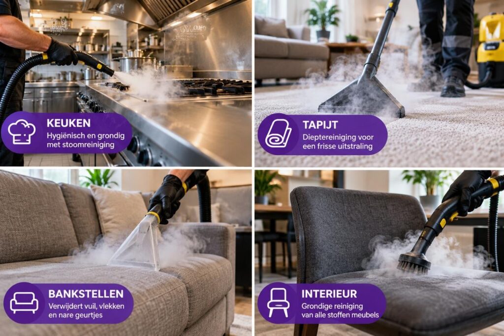 Stoomreiniging van keuken, tapijt, bankstel en stoffen meubels